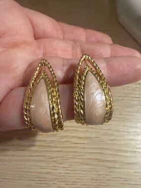 Trifari Gold Tone Teardrop Earrings with Pearlized Blush Inset